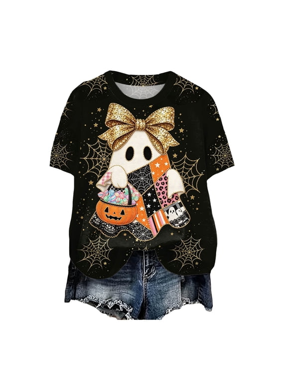 Fall Shirts Fall T-Shirt for Women Halloween Pumpkin Shirts Thanksgiving Family Funny Graphic Tee Casual Cute Autumn Tops (Black,L)