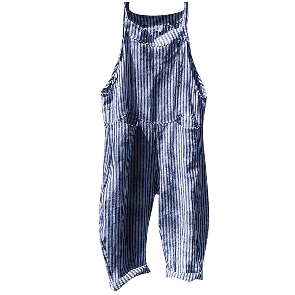 CFXNMZGR Fashion Women's Sleeveless Striped Jumpsuit - Stylish Bandage Romper with Pocket Detail