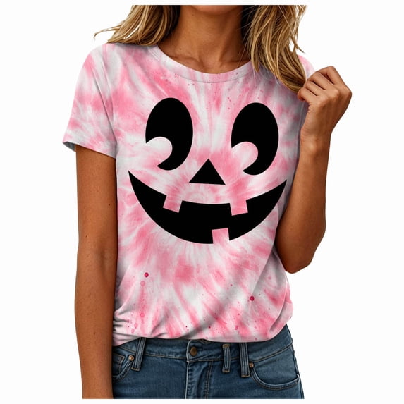 CFXNMZGR Halloween Clothes for Women Halloween Oversized Shirts for Women Spooky Season T-Shirt Halloween Pumpkin Costume Ghost Fall Tees Top (Pink,S)