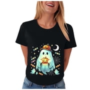 CFXNMZGR Halloween Clothes for Women Women's T-Shirts Crew-Neck Boho Flowers Wildflowers Graphic Tees Shirts Cute Casual Summer Tops Short Sleeve T Shirt Black,L