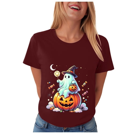 CFXNMZGR Halloween Costumes Halloween Shirt Women Letter Print Graphic Plus Size Fall Tees Tops (Wine,XL)