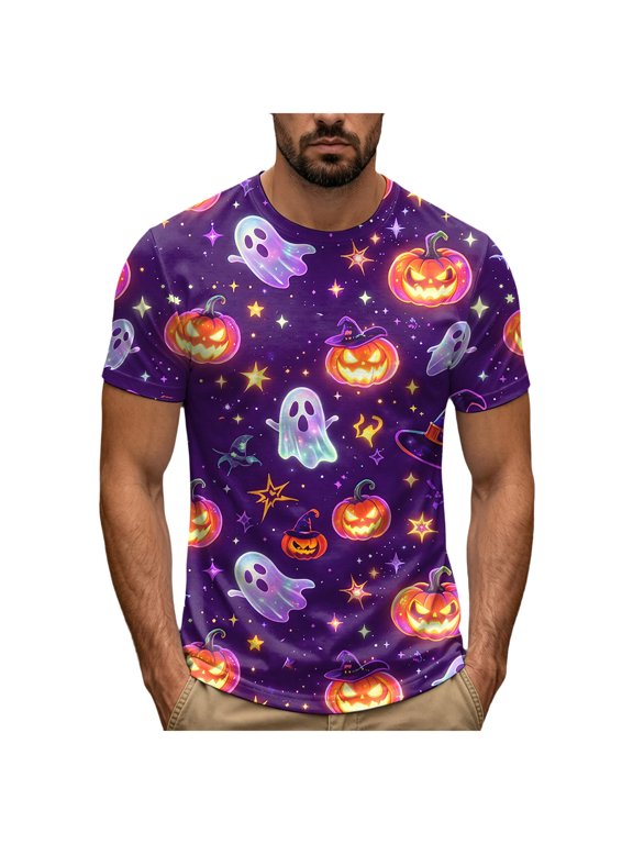 Halloween Ghost Tshirts Fall Spooky Pumpkin Gift Spooky Tee Fall Funny Ghost Graphic Short Sleeve Tee Halloween Tshirts Men (Purple,S)