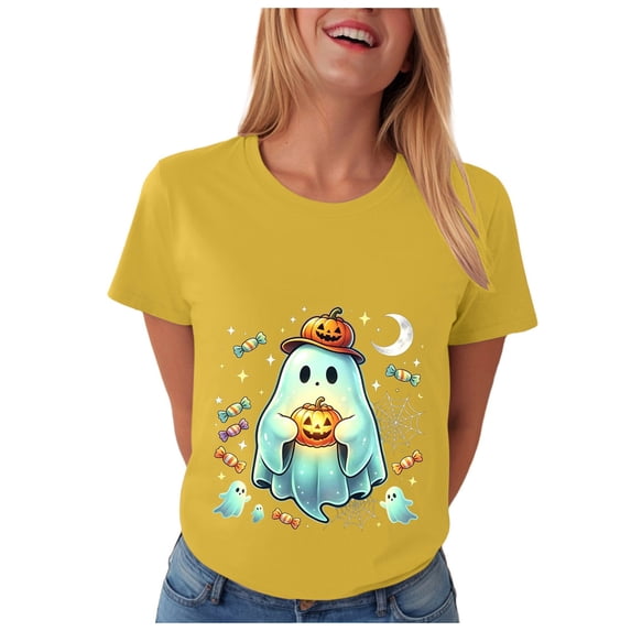 CFXNMZGR Halloween Shirt Women Fall Halloween Crew Neck Shirt Casual Tee Season Family Party Celebration Short Sleeve Tee Pumpkin Top Holiday Stretchable Soft (Yellow,3XL)