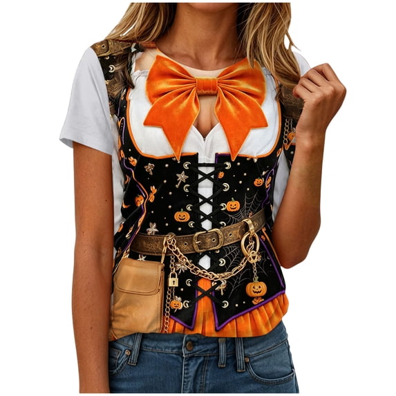 CFXNMZGR Halloween Shirts Plus Size Halloween Shirts for Women Pumpkin Graphic Tshirt Fall Casual Short Sleeve Tee Tops (Orange,S)