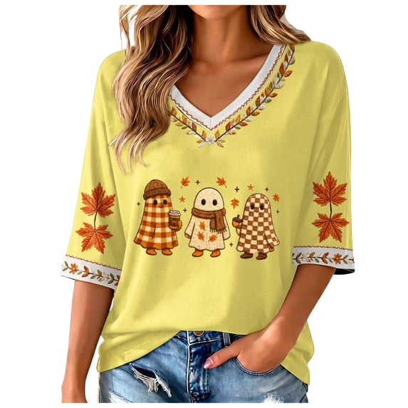 CFXNMZGR Halloween T Shirts Halloween T Shirt Women Vintage Graphic Coffee Tees Shirt Short Sleeve Casual Funny Halloween Party Shirts (Yellow,XL)