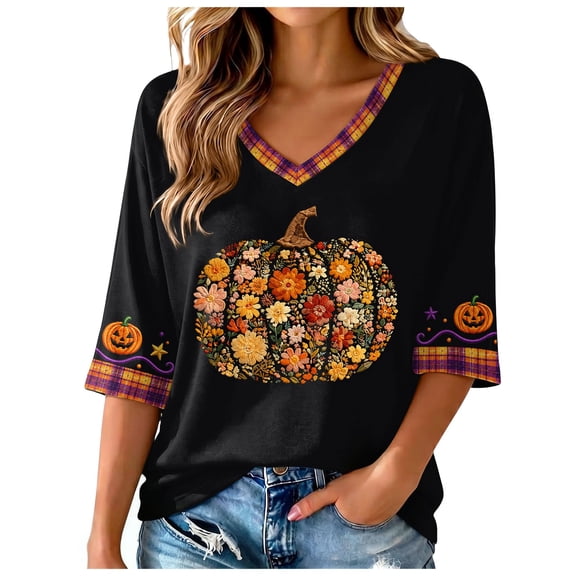 CFXNMZGR Halloweentown Shirt Womens Long Sleeve Tops Casual Shirts for Women Fall Flower Printed T Shirt Crewneck Floral Tee (Black,S)