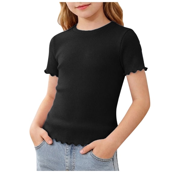 CFXNMZGR Kids Crop Tops for Girls Cartoon T Shirt Crewneck Short Sleeve Tops Tee for Girls (Black,13-14 Years)