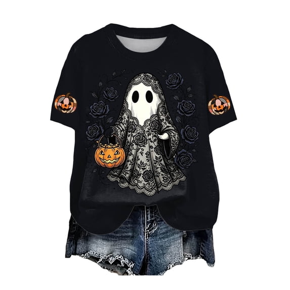 CFXNMZGR Linen Shirts Women Plus Size Halloween Shirts for Women Pumpkin Graphic Tshirt Oversized Fall Casual Tee Tops (Black,M)