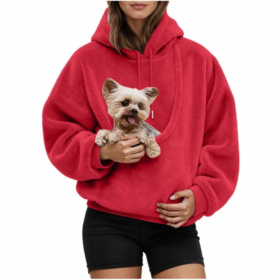 CFXNMZGR Pet Pouch Hoodie for Women Dog Sling Carrier Sweatshirt Work Daily Cozy Fleece Pullover With Kangaroo Pocket Cat Carrier Purse (Red,S)