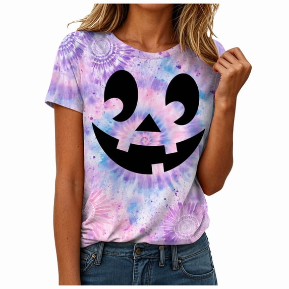 CFXNMZGR Pumpkin Shirt Halloween Shirts for Women Boo T Shirt Cute Ghost Graphic Tees Halloween Spooky Season Short Sleeve Tee Tops (Light Purple,5XL)