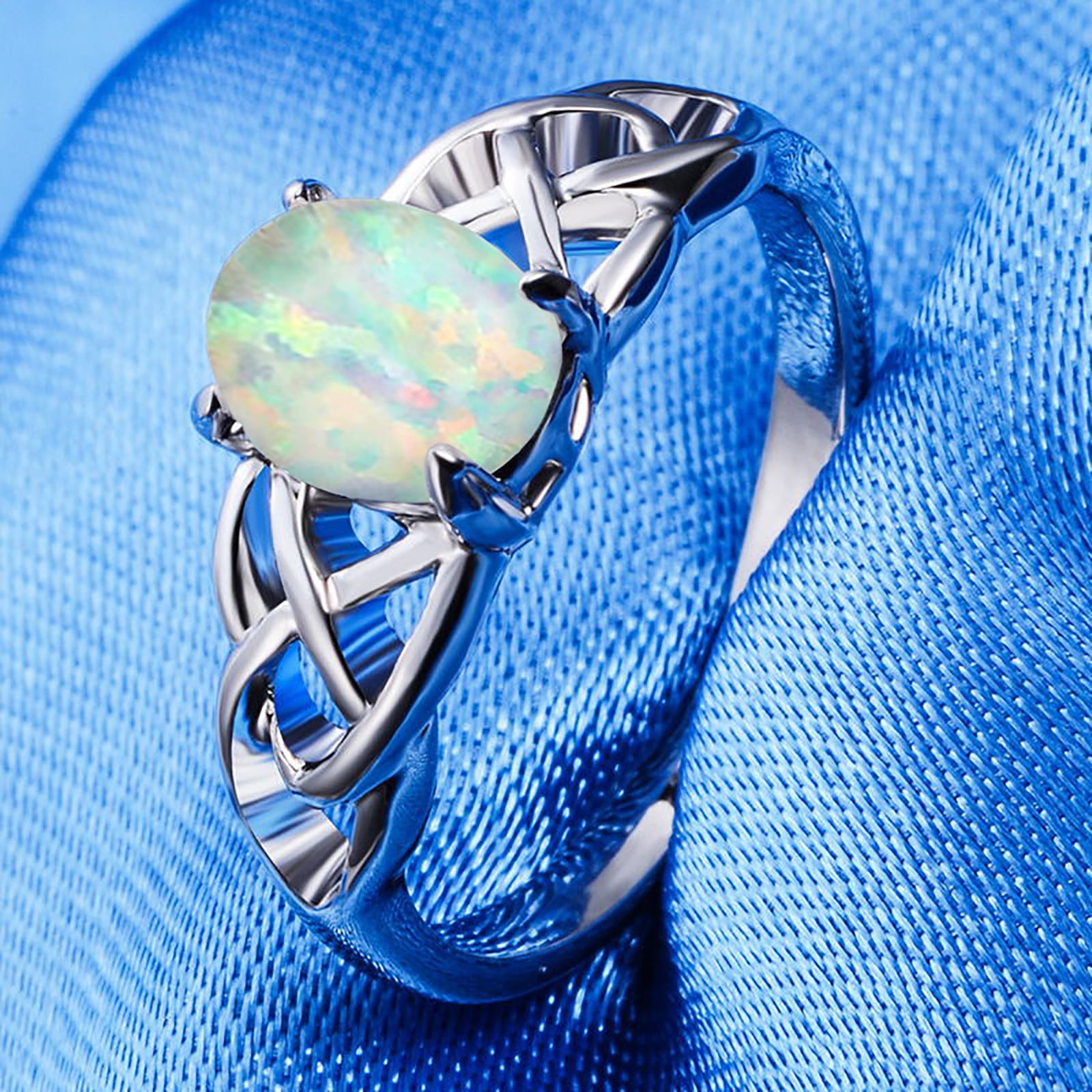 CFXNMZGR Rings For Women Opal Ring Round Opal White Stone Hand Jewelry ...