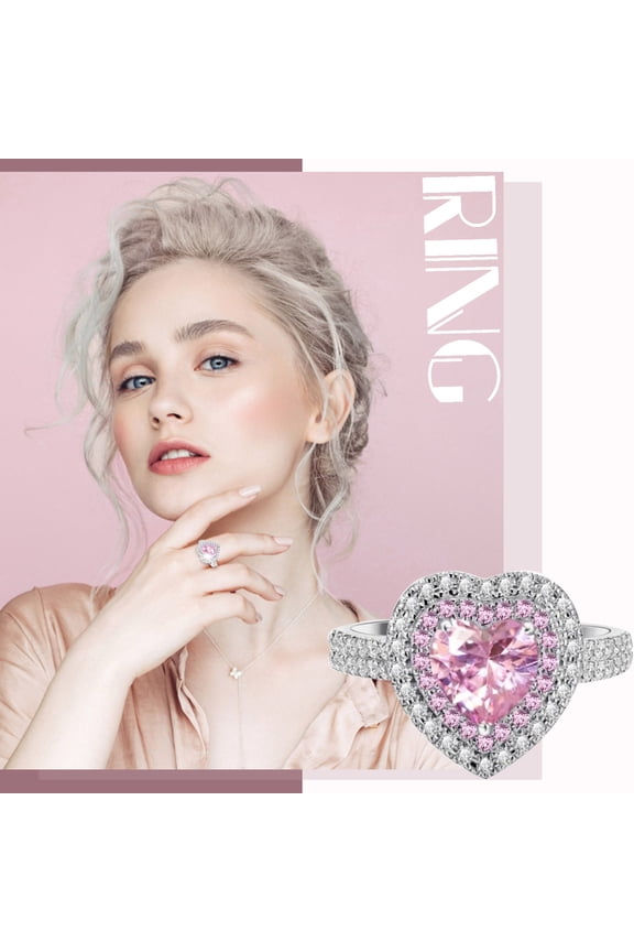 Rings For Women Pink Heart Ring Plated Womens Ring Zir-Con Full Diamond Ring