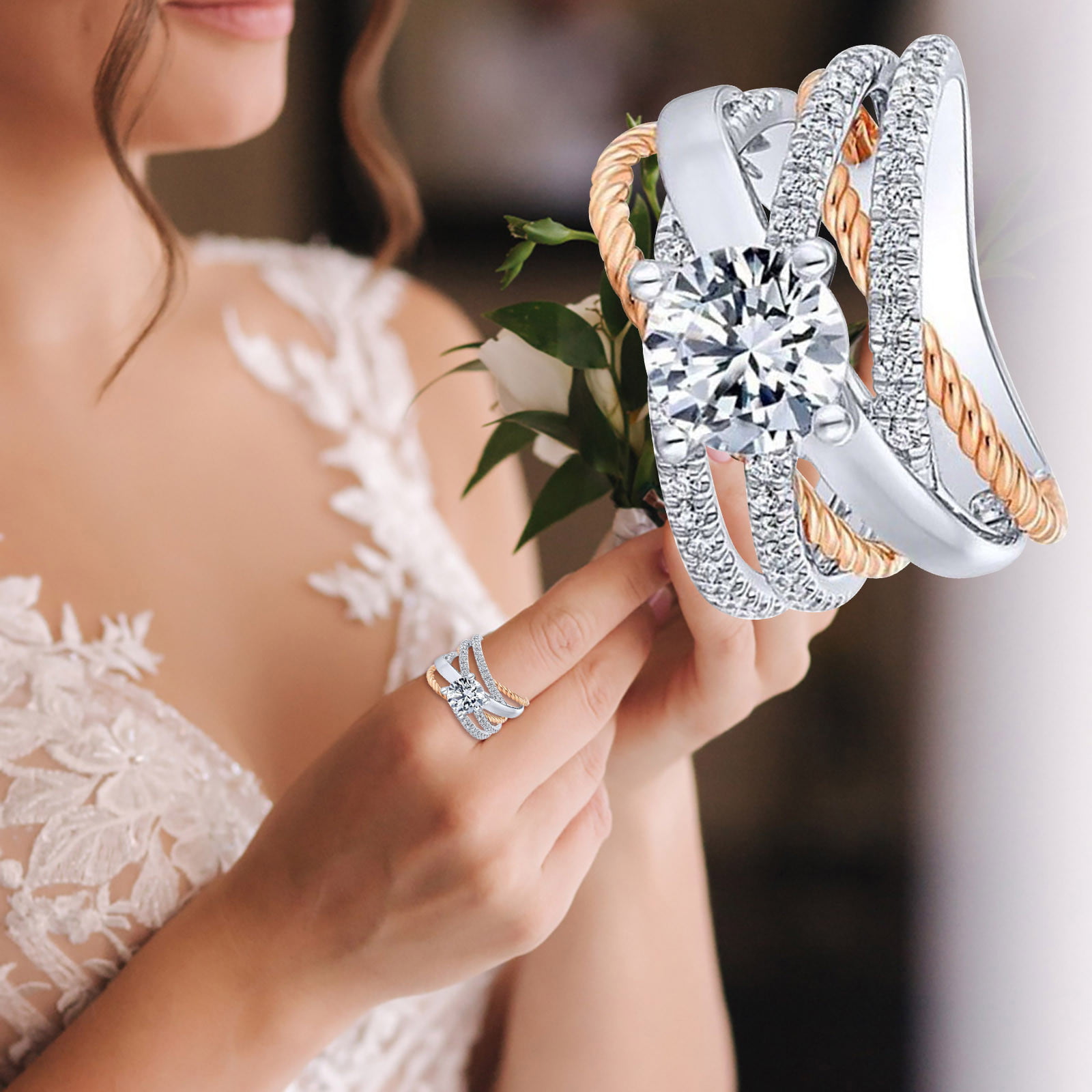 Elegant Rose Gold Round Size 6-10 Wedding Sapphire White Rings Women