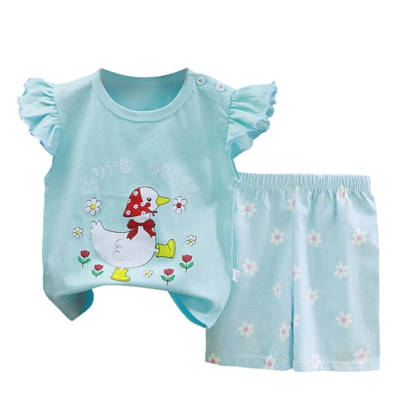 CFXNMZGR Toddler Summer Sets Toddler Infant Baby Girls Summer Outfits Print Short Sleeve Pocket T-Shirt Tops Pants Clothes Sets (Light Blue,3-4 Years)