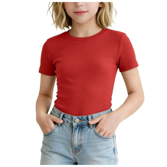 CFXNMZGR Tween Girls Trendy Clothes Summer Summer Tops for Girl Girl's Solid Crew Neck Short Sleeve Pocket T Shirt (Red,13-14 Years)