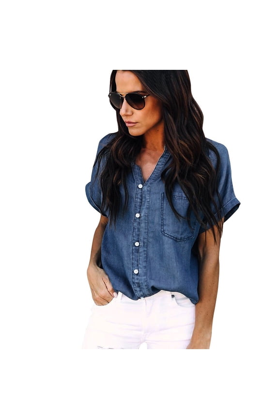 Women Casual Soft Denim Shirt Tops Blue Jean Button Short Sleeve Blouse Jacket