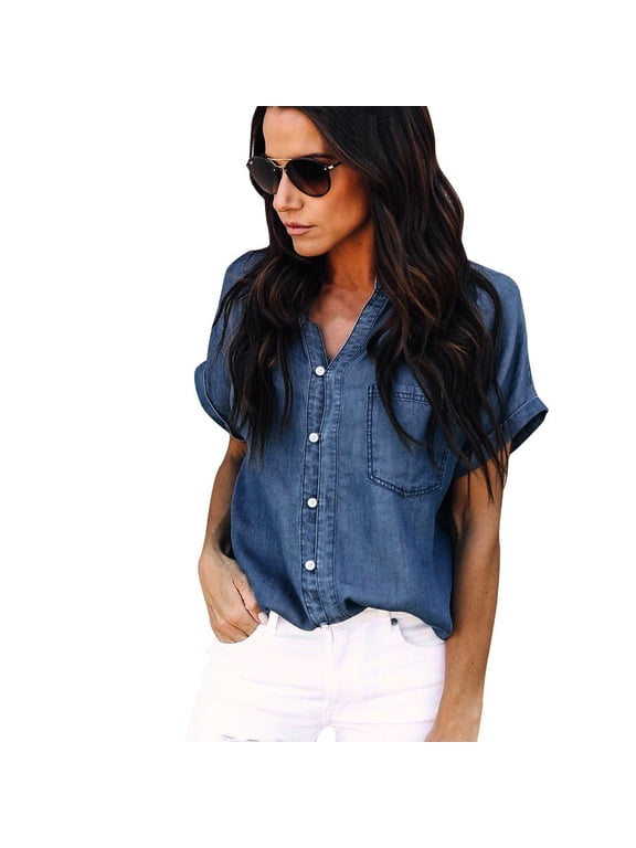 Women Casual Soft Denim Shirt Tops Blue Jean Button Short Sleeve Blouse Jacket