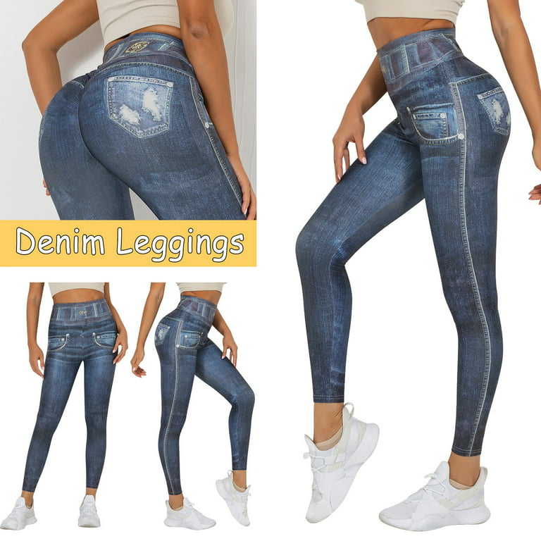 CFXNMZGR Women Legging Women Denim Floral Print Jeans Look Like Leggings  Stretchy High Waist Slim Skinny Jeggings
