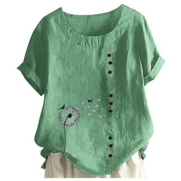 CFXNMZGR Women'S Printed Round Neck Raglan Sleeve Hem Slit Loose Short Sleeve Button Decoration Shirt