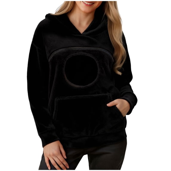 CFXNMZGR Women's Pet Carrier Hoodie Sweatshirt Plush Fleece Pullover with Pouch (Black,XXL)