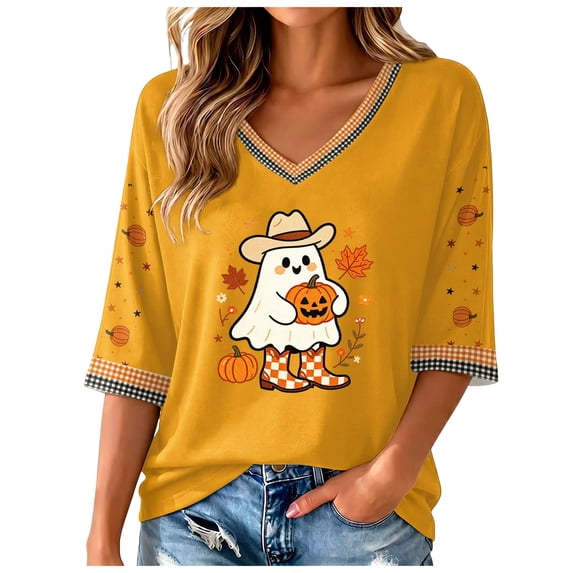 CFXNMZGR Womens Fall Clothes Womens Long Sleeve Tops Casual Shirts for Women Fall Flower Printed T Shirt V neck Floral Tee (Gold,S)