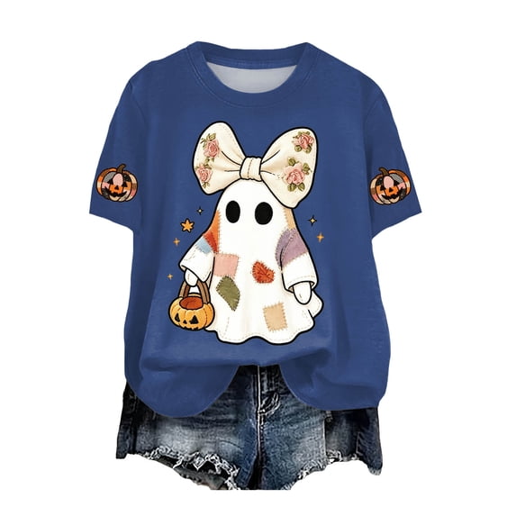 CFXNMZGR Womens Halloween Shirts Women Fall Halloween Crew Neck Shirt Casual Tee Season Family Party Celebration Short Sleeve Tee Pumpkin Top Holiday Stretchable Soft (Navy,M)