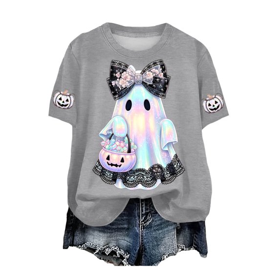CFXNMZGR Womens Work Shirts Halloween Shirts for Women Halloween Teacher Shirts Ghost Shirt Fall Retro Vintage Oversized T-Shirt (Grey,S)