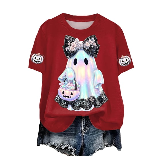 CFXNMZGR Womens Work Shirts Halloween Shirts for Women Halloween Teacher Shirts Ghost Shirt Fall Retro Vintage Oversized T-Shirt (Red,XL)