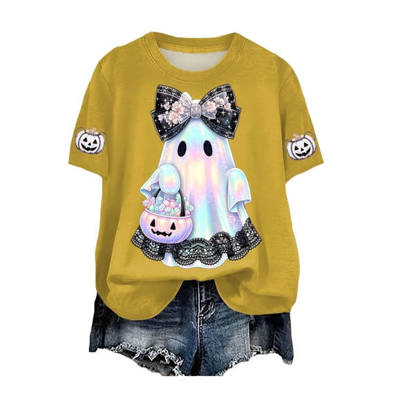 CFXNMZGR Womens Work Shirts Halloween Shirts for Women Halloween Teacher Shirts Ghost Shirt Fall Retro Vintage Oversized T-Shirt (Yellow,L)