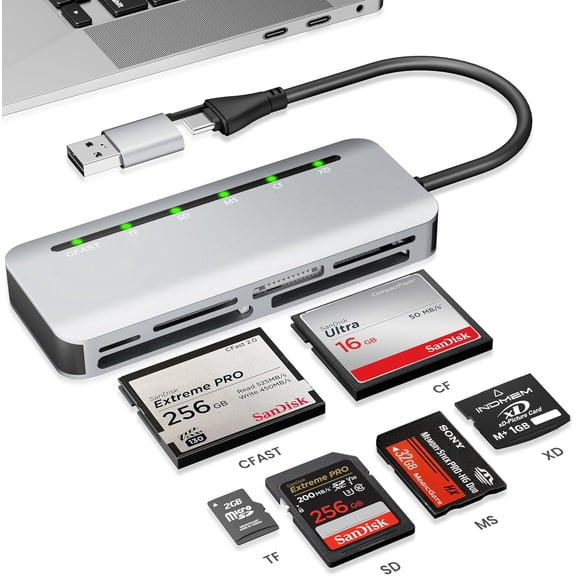 CFast Card Reader, 6-in-1 USB C & USB A Multi Card Reader for CFast/MS/CF/SD/TF/XD - CFast 2.0 Reader & Memory Stick Pro Duo Adapter, 5Gbps High-Speed, Read 6 Cards Simultaneously, for MacBook/Laptop
