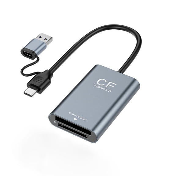 CFe Card Reader for CFeB/XQD/Secure Digital Memory Card, with USB Type C Host End, Tethered USB-A End and Driverless