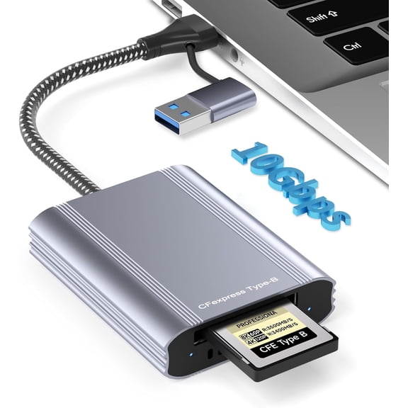 CFexpress Type B Card Reader with USB 3.2 Gen 2 10Gbps & USB-C/USB-A 2-in-1 Type B CFexpress Adapter, Compatible with Windows/Mac/Linux/Android, for iPhone 17/16/15, Laptops, Tablets, Smartphones