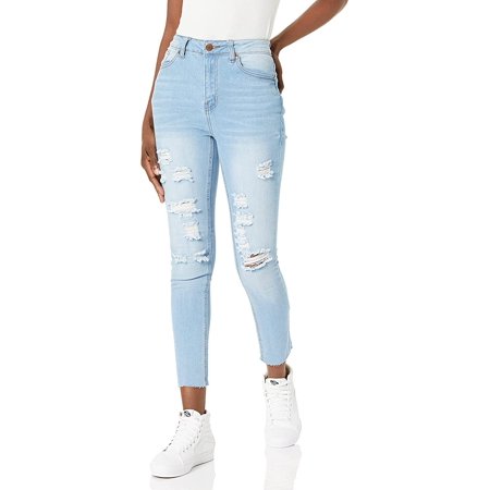 CG JEANS Cute Juniors Big Mid Rise Large Ripped Torn Crop Skinny Fit, Raw Hem Light, 1