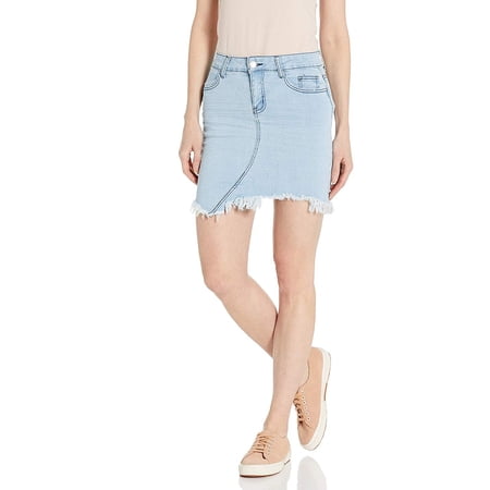 CG JEANS Denim Skirt for Juniors Ripped Distressed Fringe Hem Cute and Sexy, Light Wash, Large