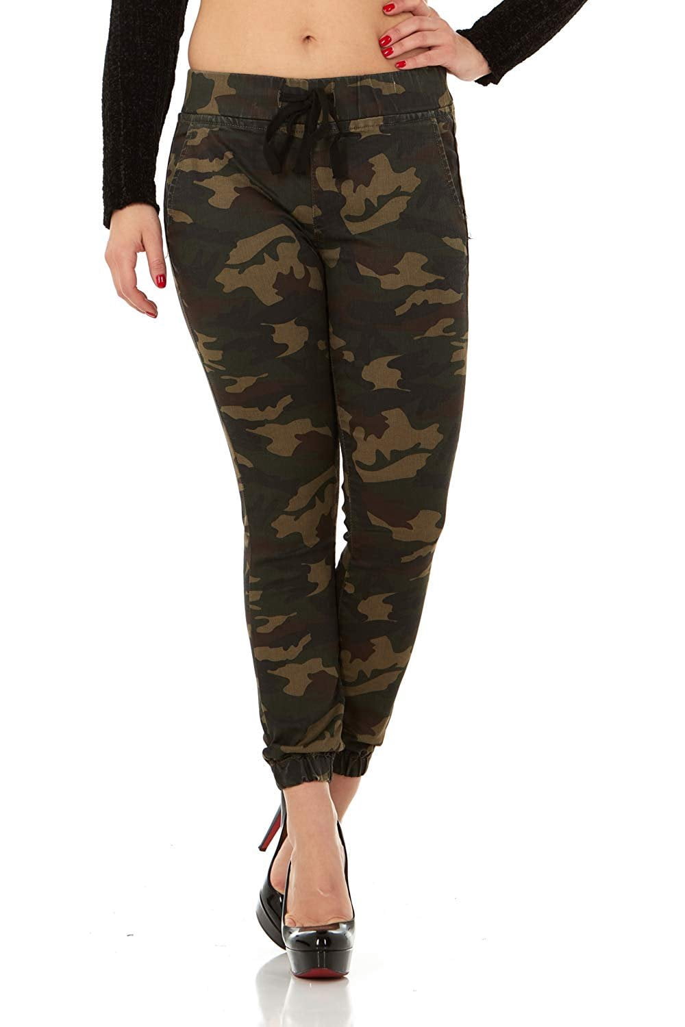CG JEANS Women's Army Camo Skinny Joggers - Stretch Camouflage Pants, Drawstring Waist