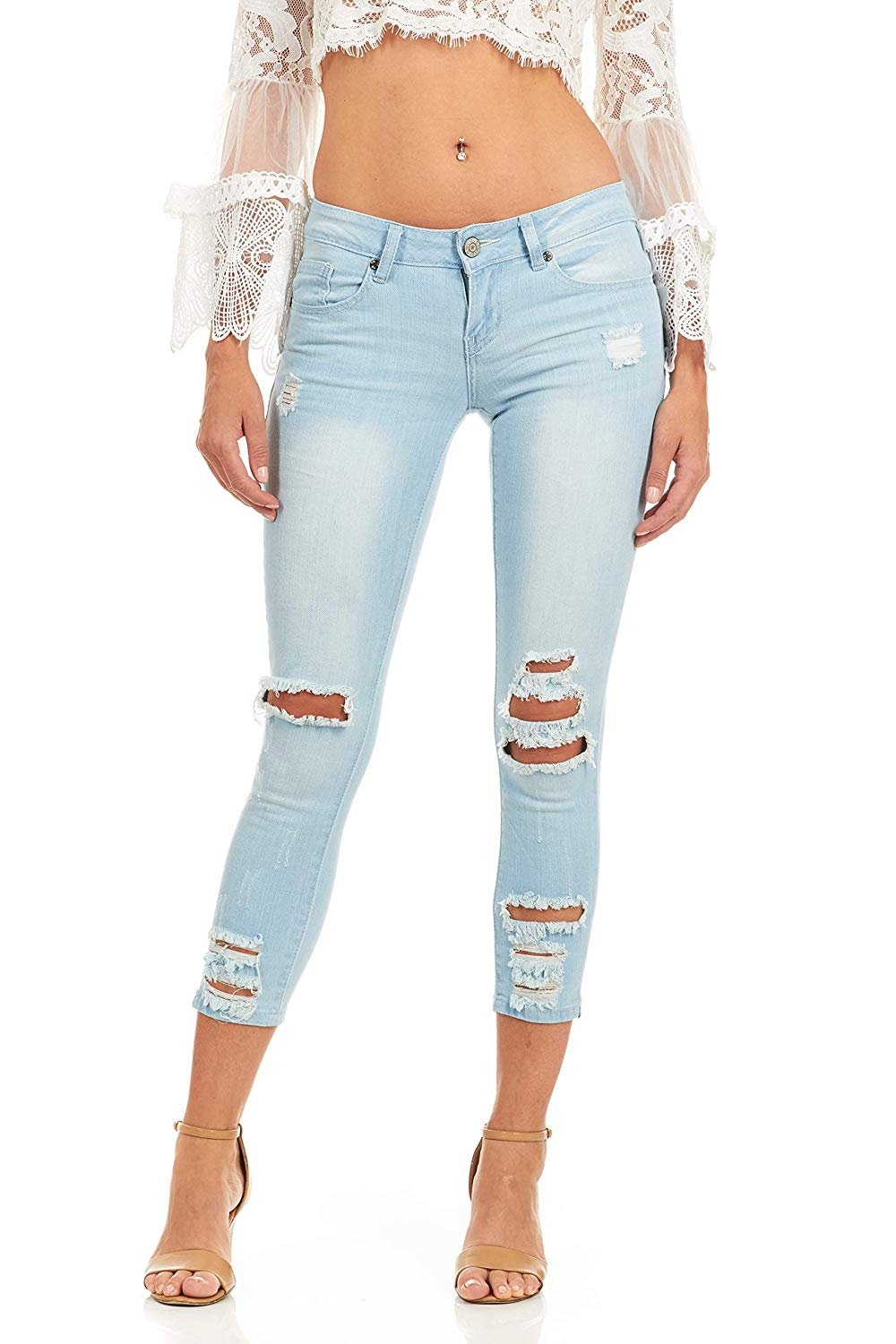 CG JEANS Plus Size Cute Juniors Big Mid Rise Large Ripped Torn Crop Skinny Fit, Sky Blue Denim, 20 - image 1 of 5