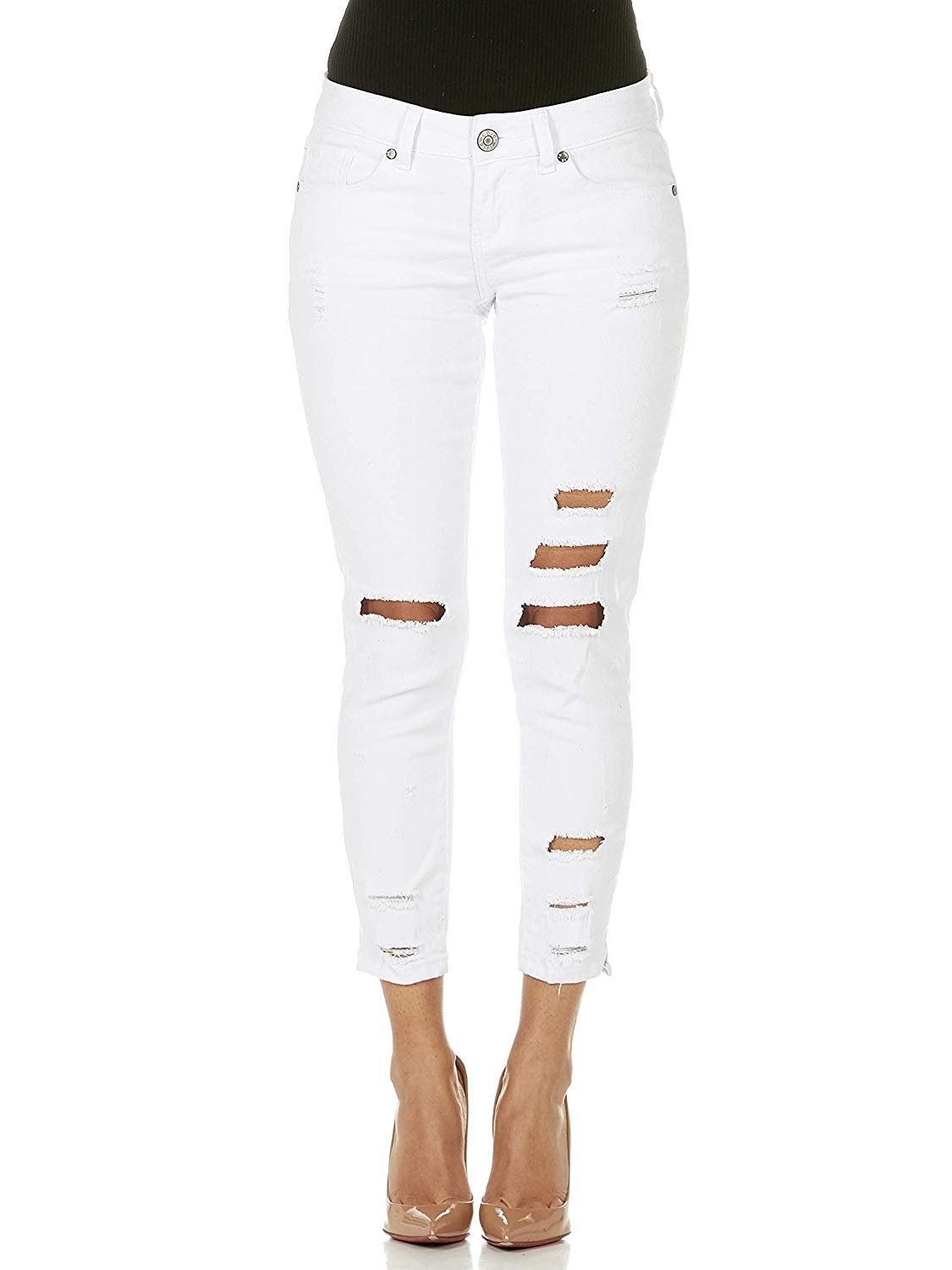 CG JEANS Plus Size Cute Juniors Big Mid Rise Large Ripped Torn Crop Skinny Fit, White Denim 22 - image 1 of 7