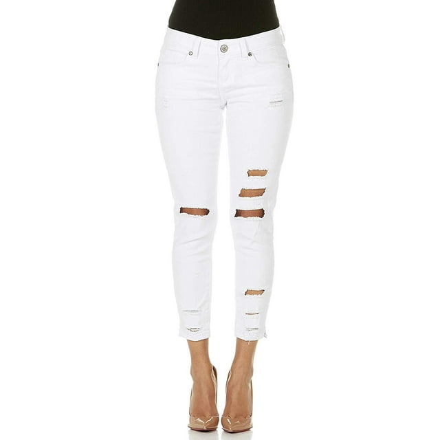 CG JEANS Plus Size Cute Juniors Big Mid Rise Large Ripped Torn Crop Skinny Fit, White Denim 22