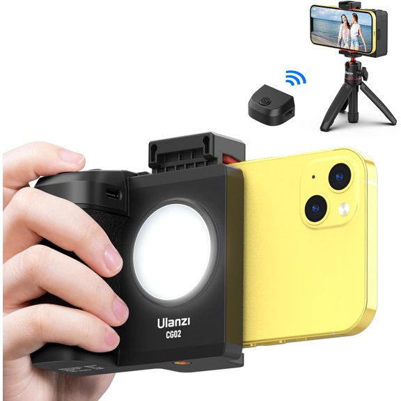 CG02 Ungraded Smartphone Camera Shutter Handle Grip w Detachable Wireless Bluetooth Remote Control,Three-Gear Adjustable Fill Light for iPhone Samsung Google OnePlus Phones Video/Photo Shooting