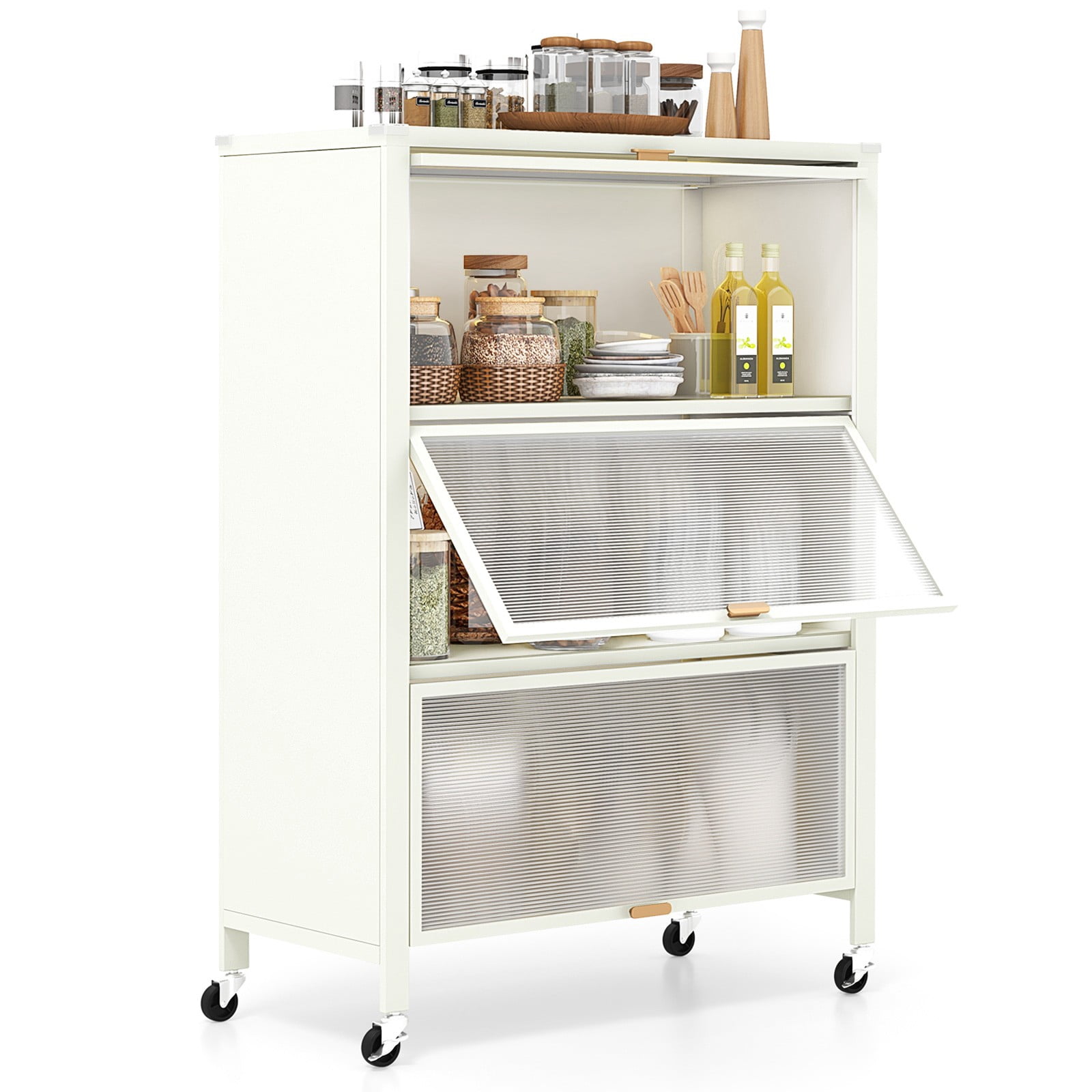 CGDYCF 4-Tier Kitchen Baker's Rack with Flip Doors, Rolling Microwave ...