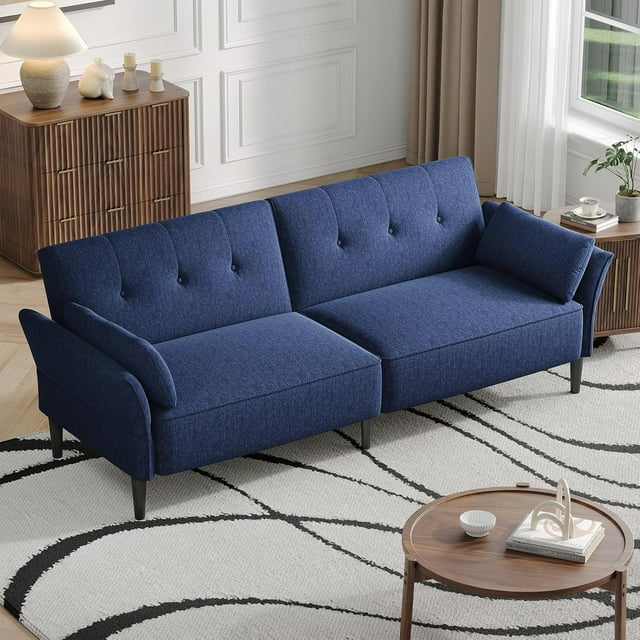 CGDYCF 89'' Convertible Futon Sofa Bed with Adjustable Backrest & Armrests, Linen Sleeper Couch with 2 Pillows, Modern Loveseat for Living Room, Blue-Linen