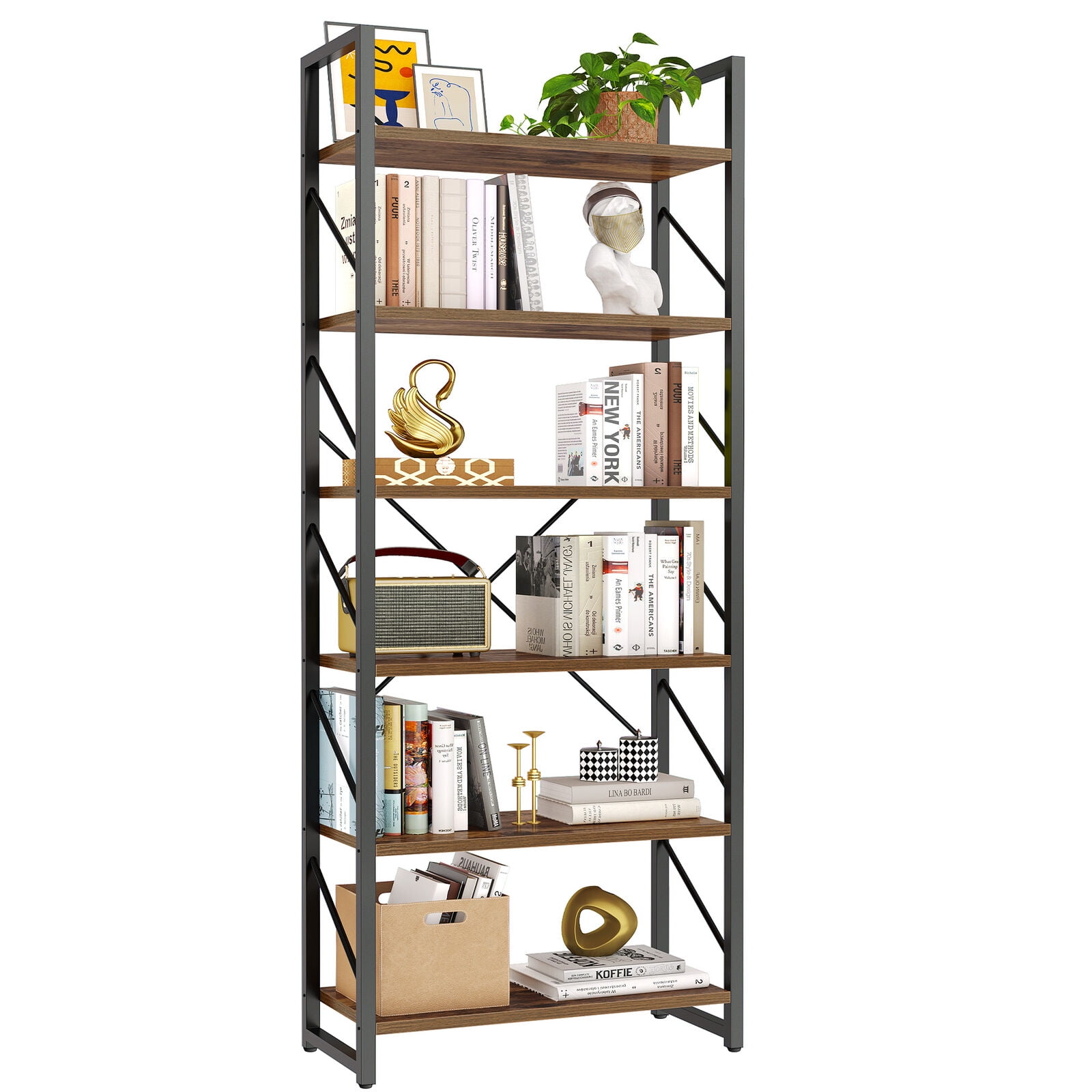 CGDYCF Industrial 4-6 Shelf Wood Bookcase Bookshelf with Metal Frame ...