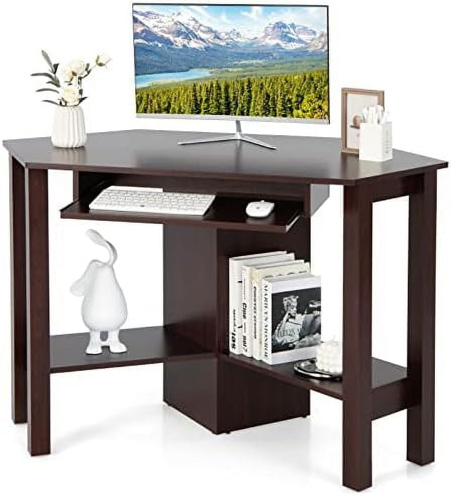 Compact Functional Brown Wood Corner Desk with Keyboard Tray and Drawer
