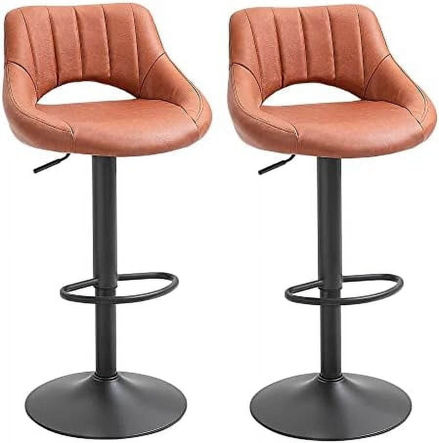 Adjustable Swivel Barstool in Brown Leather with Metal Base