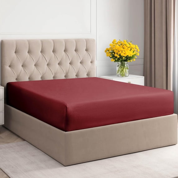 CGK Linens 400 Thread Count Single Fitted Sheet Only - Full Size 100% Cotton Sateen Bottom Sheet, Fits Mattress Up To 16", Burgundy