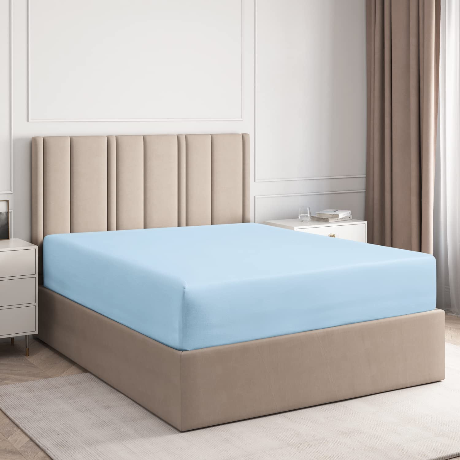 Light Blue Full Size Cotton Deep Pocket Fitted Sheet