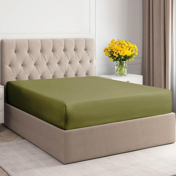 CGK Linens 400 Thread Count Single Fitted Sheet Only - King Size 100% Cotton Sateen Bottom Sheet, Fits Mattress Up To 16", Sage Green