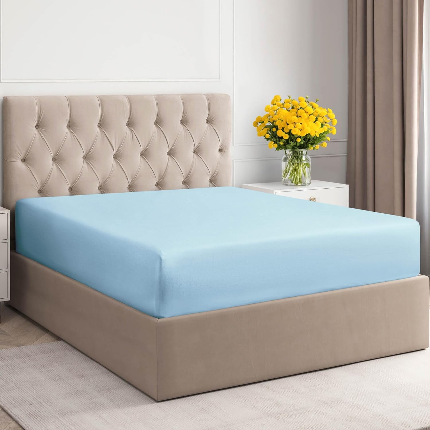 Light Blue Queen Cotton Deep Pocket Fitted Sheet Set