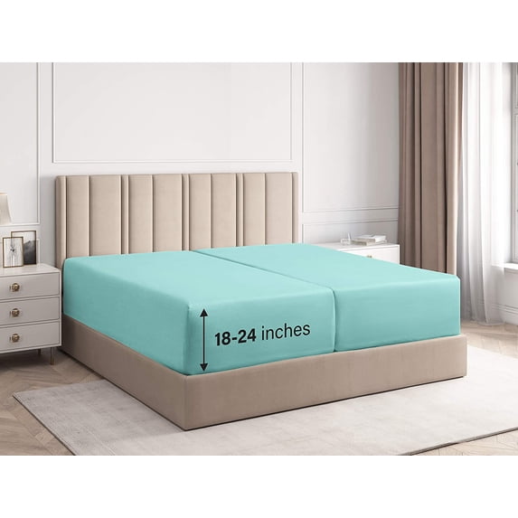 CGK Linens 2-Piece Extra Deep Pocket Single Fitted Sheet Only - Split King Size Wrinkle-Resistant & Comfy Bottom Sheet, Fits 18"-24" Mattresses, Spa Blue