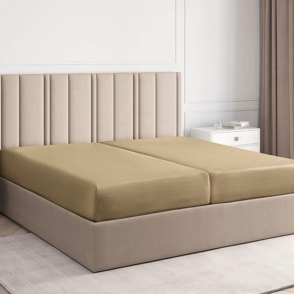 CGK Linens 2-Piece Hotel Luxury Single Fitted Sheet Only - Split King Size Wrinkle-Resistant Bottom Sheet, Fits Mattress Up To 16", Beige